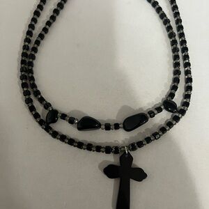 Black Beaded Cross Necklace